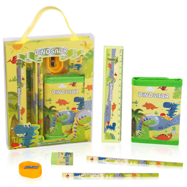 Stationery presentset, suddgummi, pennvässare, plånbok, linjal, penna, barnkalaspåsar, flickor och pojkar, Grön