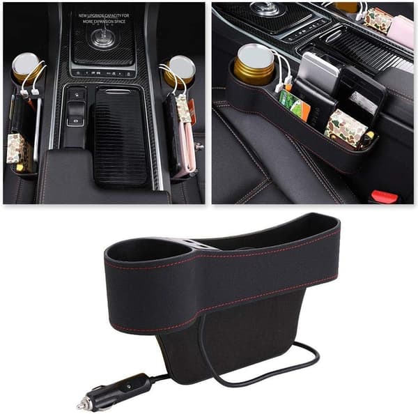 Universal bilsete sidegapfyller med drikkeholder, 2 USB-ladepunkter