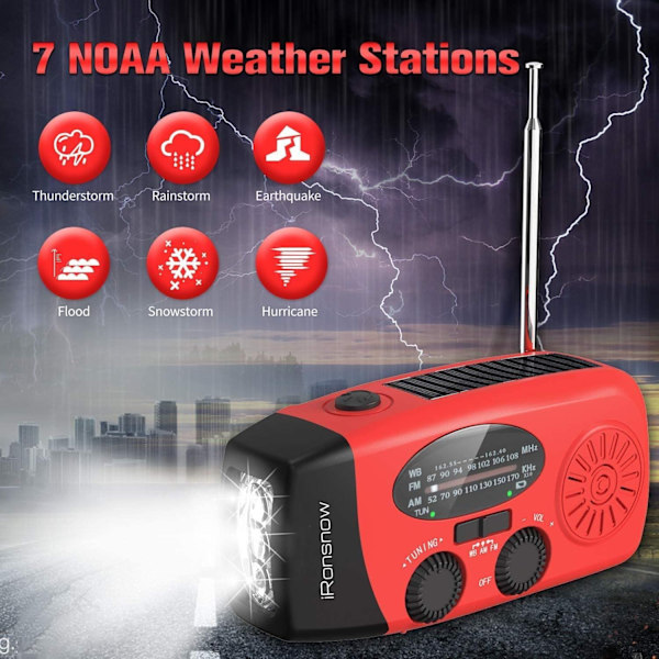 Solardriven nöd NOAA väderradio handvev självdriven AM FM WB radio 3 LED ficklampa red