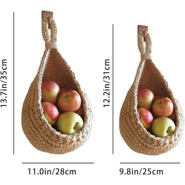 2 st hängande väggkorgar, droppformade hängande korgar, handvävda väggmonterade korgar för grönsaker och frukt (L+M)
