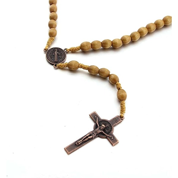 Katolskt kors Rosenkranshalsband, bönpärlor i naturligt trä med Jesus Kristus Saint Benedict (mörkbrun) Dark brown