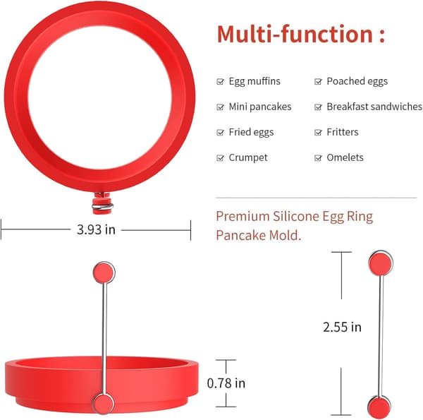4 stk silikon eggering/pannekakeform. Runde silikonringer med håndtak (rød) red