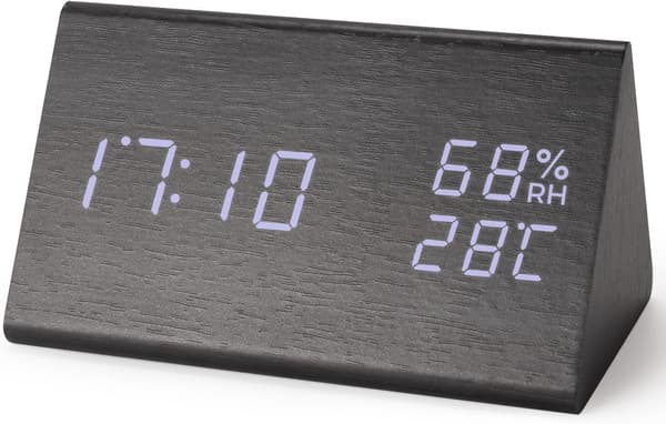 LED Elektronisk Træur Kubikur, Temperatur og Luftfugtighed, 12/24 Timer (Sort Trekant)