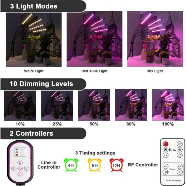 4 LED växtlampor, med stativ, lämplig för inomhusväxter, 80 fullspektrum LED golvlampor, med två kontroller, 4/8 / 12H timer