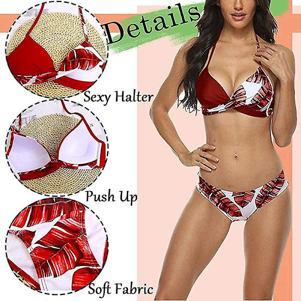 Kvinnors Halterneck Baddräkt Vadderad BH Toppar och Briefs Bikini Set (röd, L) Red l