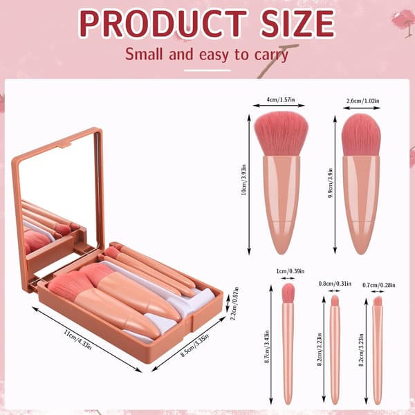Bærbart makeupbørstesæt med spejletui 5 stk. professionelle makeupbørster