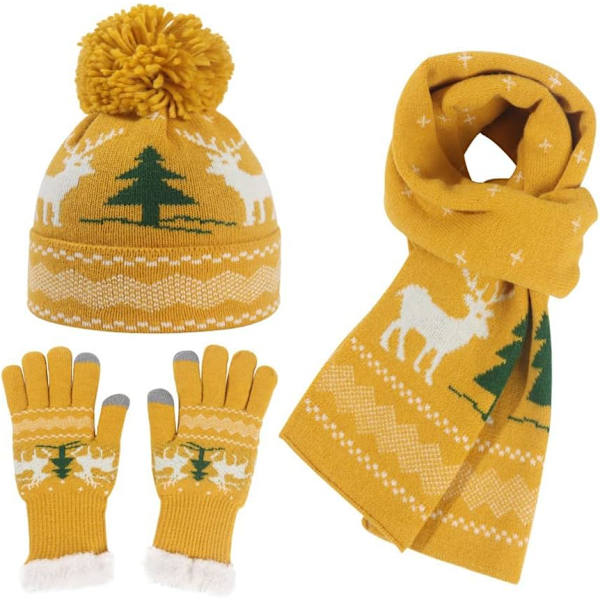 Jul stickad dam vinter varm mössa handskar ren halsduk set yellow
