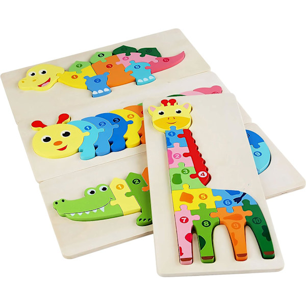 Träpussel för småbarn 2-4 år Montessori pedagogiska leksaker (4-pack djur)