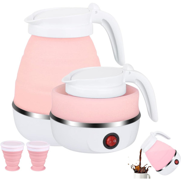 Hopfällbar vattenkokare, 0,7 l elektrisk hopfällbar silikonkokare, campingvattenkokare, resekokare, med 2 hopfällbara koppar (rosa) Pink