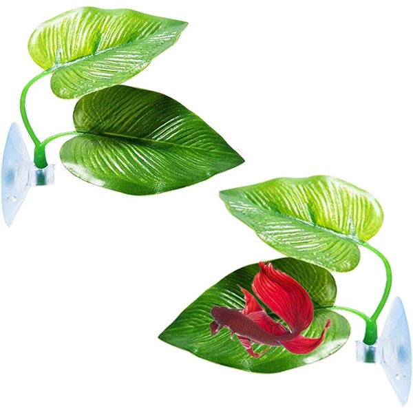 Set med 2 Betta Bed Leaf Hammock Artificiell Plant Leaf Aquarium Dekoration med sugkopp