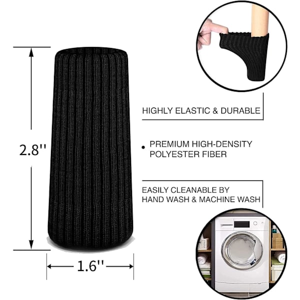 24 stycken stolsstrumpor, halkfria stickade möbelbenstrumpor med hög elasticitet, golvskydd (svart) black