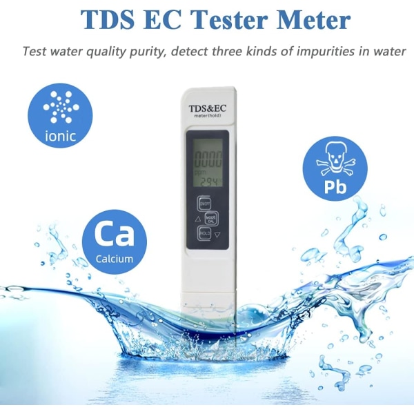 TDS EC-testmätare, 3-i-1 professionell vattenkvalitetstestmätare LCD Digital TDS & EC-mätare testverktyg
