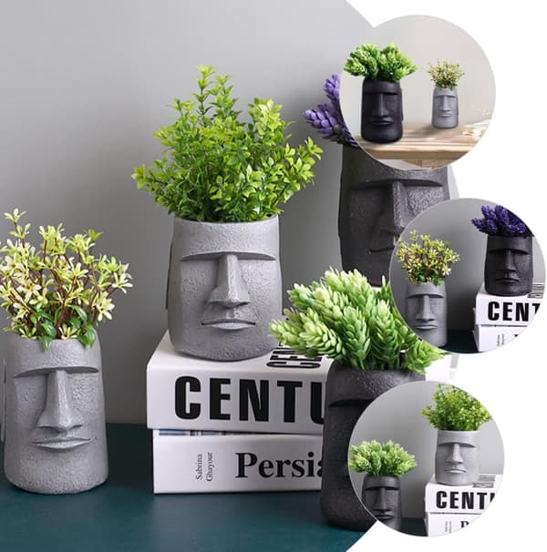 Påskön Moai huvud staty suckulent planter mänskligt ansikte planter, grå color 2