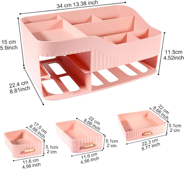 Makeup-arrangör med lådor, kosmetikarrangör, för byrå, sovrum, badrum (rosa)