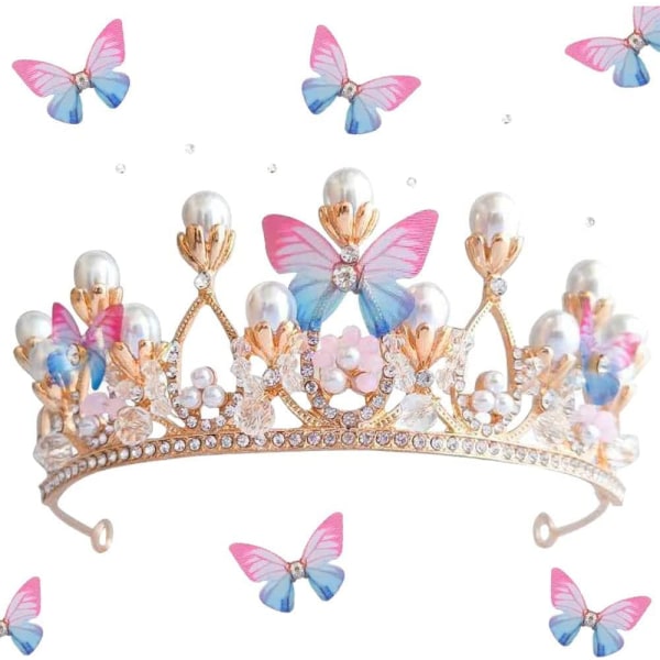 Kronfjäril, prinsessdiadem i strass, kronflicktiara, bröllopskrans, diademkristall
