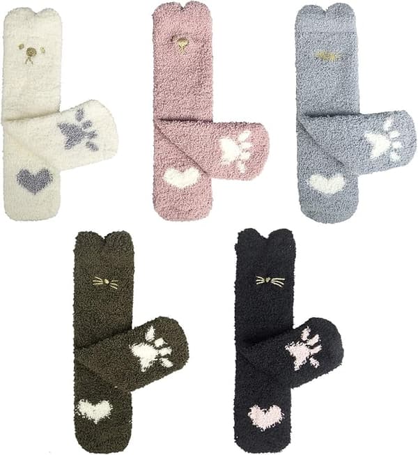 5 par nuttede sokker til kvinder Vintervarme sengesokker Fluffy sokker Sødt katteprint design