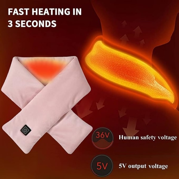 Mjuk uppvärmd halsduk med 3 värmeinställningar, snabbuppvärmningsrosa USB uppvärmningshalsduk, rosa