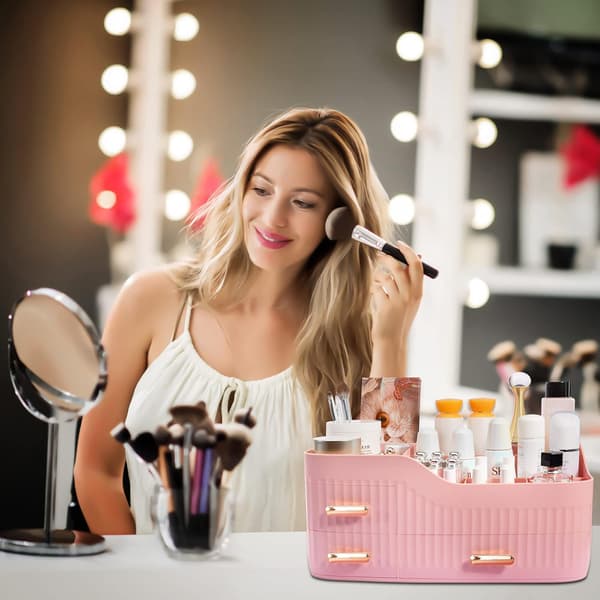 Makeup-arrangör med lådor, kosmetikarrangör, för byrå, sovrum, badrum (rosa)
