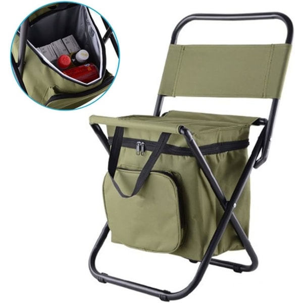 Fällbar fiskestol, bärbar campingpall ryggsäck säte kylväska för resor, strand, vandring, picknick ArmyGreen