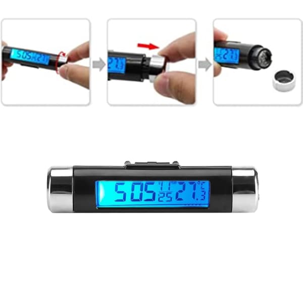 LCD-skjerm Digital klips på bilklokke Termometer Måler Bil (Blå bakgrunnsbelysning)