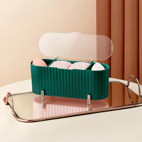 Oppbevaringsbeholder for bomullspads, 3 rom, Q-tips-holder, bomullspinneholder med lokk (grønn) green