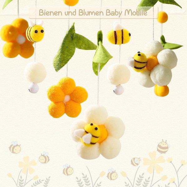Mobil baby trä + ullboll, färska blommor och bin, nyfödd present till baby (bi)