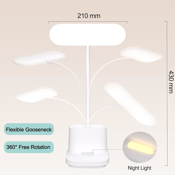 Barnens skrivbordslampa, 40 LED, 3 lägen, USB-port, sänglampa, 2500 mAh, 360° justerbar svanhalsläslampa