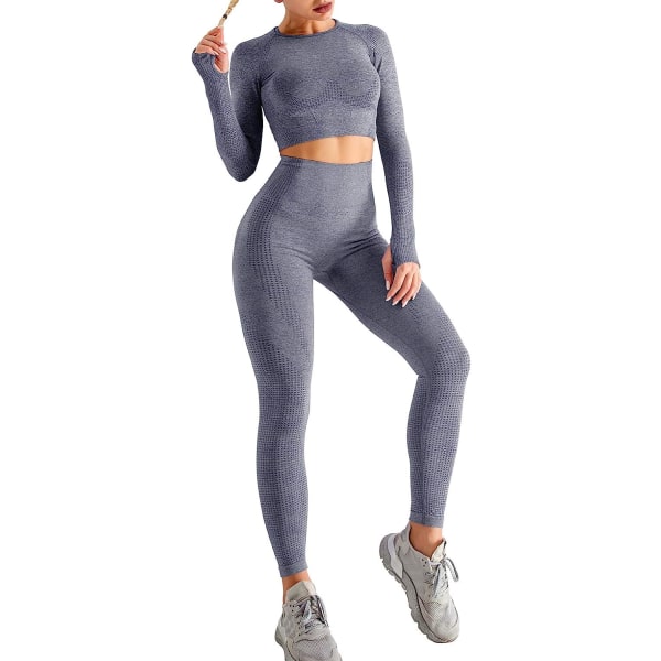 2-delat set med hög midja för yoga, träningskläder med långärmad topp och jumpsuit (grå) M Grey m