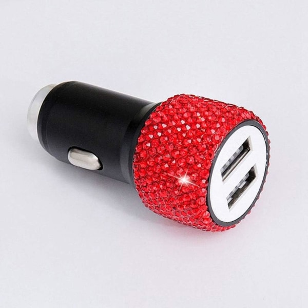 Bil USB-laddare, bil laddare DC5V 2.4A glänsande Bling Rhinestone Crystal laddare med säkerhetshammare（Röd） red