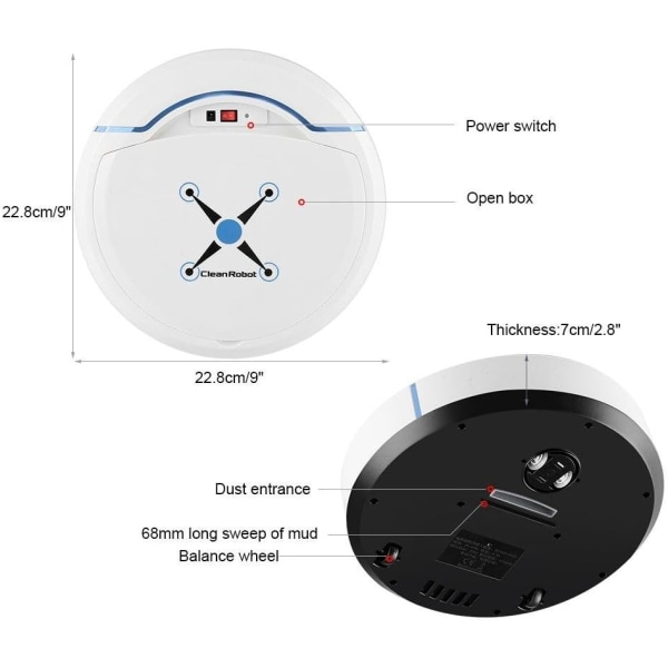 Automatisk robotdammsugare USB-laddningsbar sopmaskin hushållsintelligent rengörare hushållssugrobotrengörare 22,8 cm (vit) White