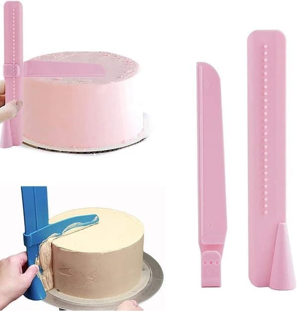 Justerbar kageudjævner bagekage overfladebehandlingsværktøjer 2 stk (blå + pink)