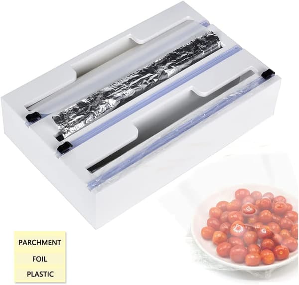 Bambusfoliedispenser med skyvekutter, 3-i-1 foliedispenser for kjøkken, hvit white