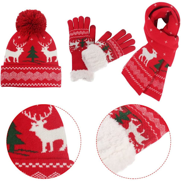 Jul stickad dam vinter varm mössa handskar ren halsduk set Red