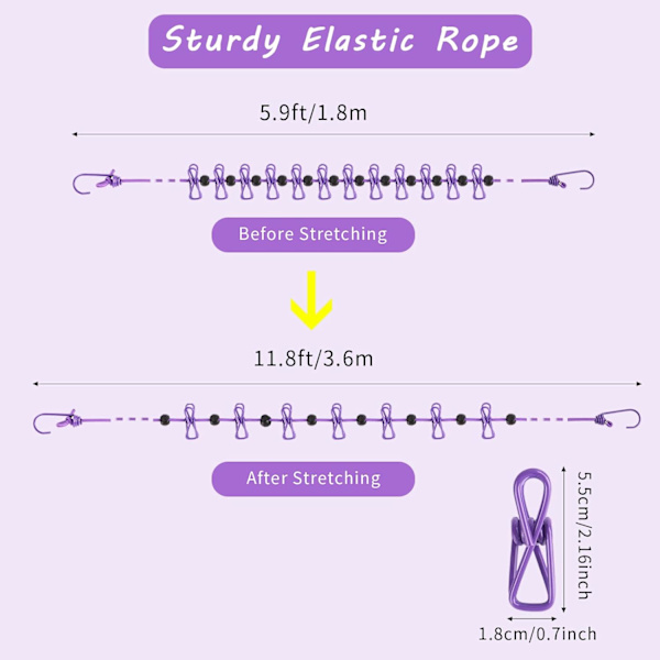 2-pack bärbar klädstreck elastisk klädstreck med 12 klämmor för utomhuscamping tvätt (lila + rosa)