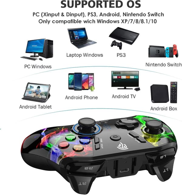 Trådløs PC-kontroller, dobbel vibrasjon Joystick Gamepad dataspillkontroller for PC Windows 7/8/10/11/12, Steam, PS3, Switch og Android - Svart