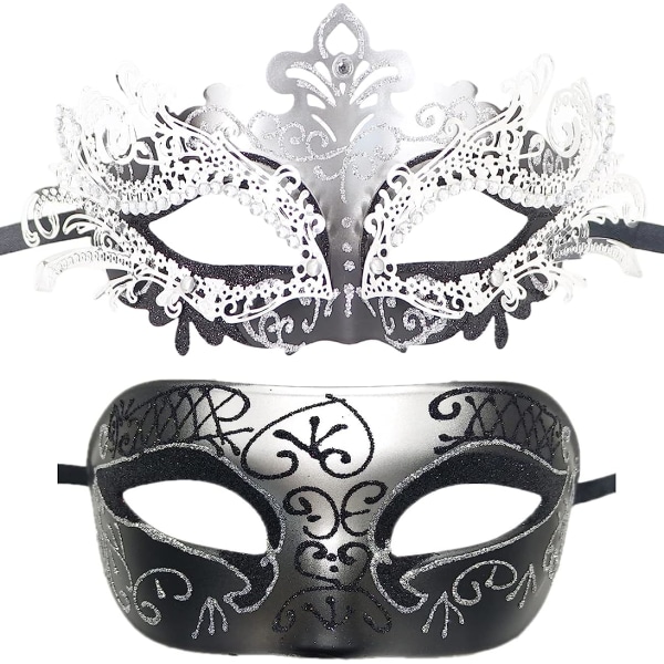 Par Maskerad Mask Metall Järn Butterfly Ball Mask (Silver Svart) 2 Styck Silver black
