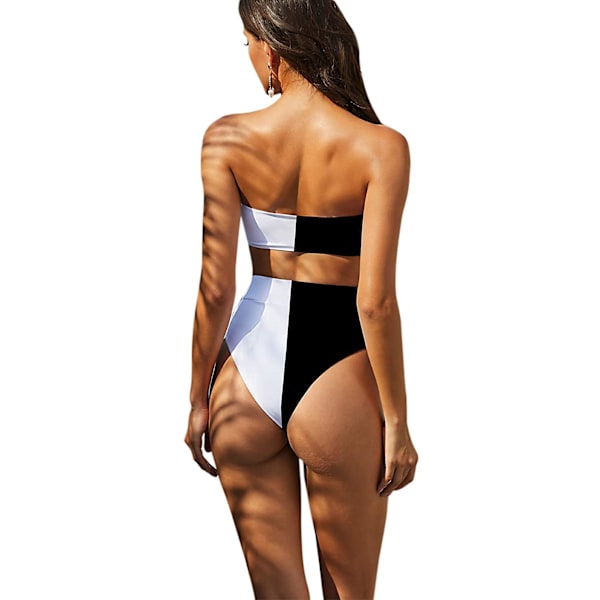 Kvinnors 2-delade sexiga underboob utskurna bikini badkläder silver läder lappverk baddräkt, M Black + White m
