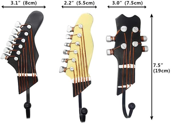 3 krokar för heminredning i form av en gitarr, för hattar, rockar och kläder