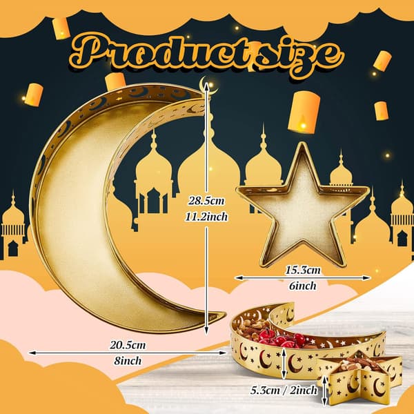 Photect Ramadan Eid Mubarak Dessertserveringsbrett Måne og Stjerne Bakverk, Gullpakke med 2