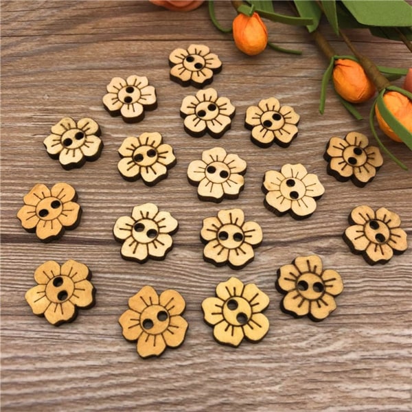 100 st solida träblommor knapp 2-hål fem kronblad knapp barn tröja DIY kläder (20 MM)
