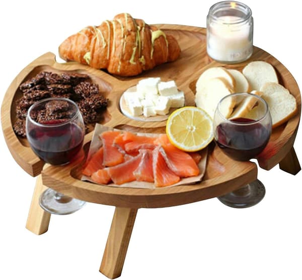 Udendørs vinbord bærbart, rundt picnicbord i træ bærbart (30x16cm)
