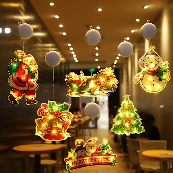 6 st juldekorationer med LED-ljus, fönsterhängande julstartljus med sugkopp, LED-fönsterljus