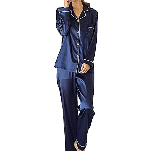 (XL) Set långärmad nattklädespyjamas för kvinnor i mjukt sidensatäng blue XL