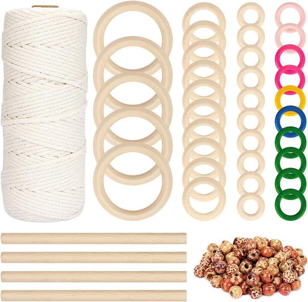 109 meter 3mm naturliga makramérep med 100 st ofärgade träpärlor