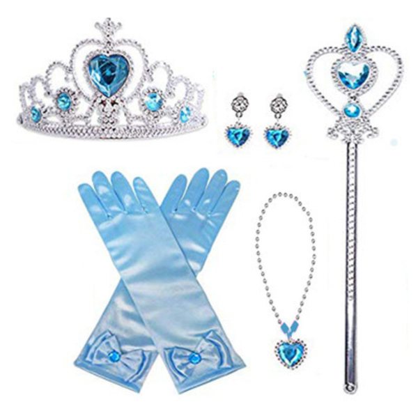 Tiara, trollstav, handskar, halsband och örhängen i Princess Elsa-set