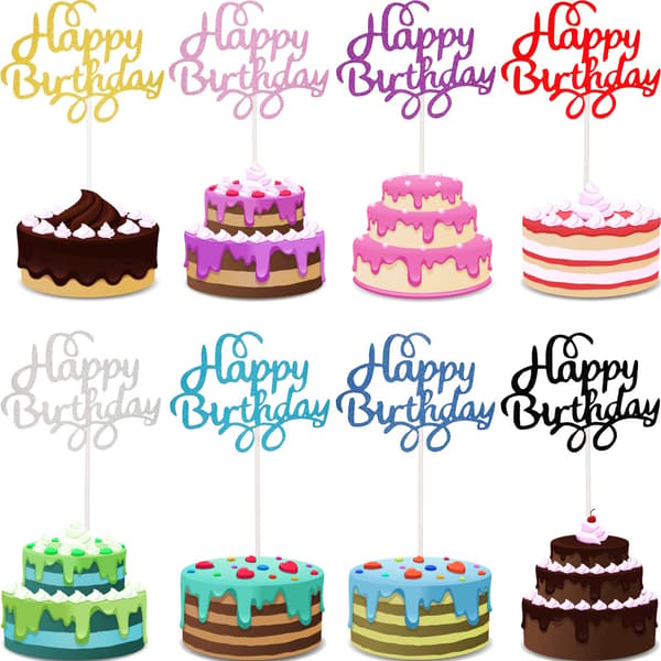 48 stk. bursdagskaketopper, glitterkakedekorasjon, 8 farger