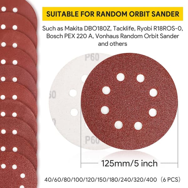 100 st slippappar, blandade korn 125 mm sandpapper ark för excenterslip, 8 hål