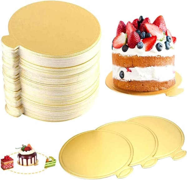 Förpackning med 100 mousse tårtbrickor guldpapper cupcake dessert visar brickor runda set 8 cm