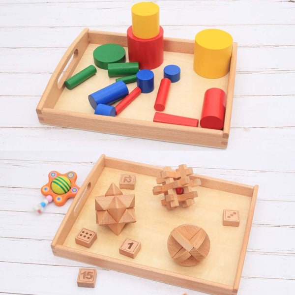 Träbrickor, fyrkantiga serveringslådor med handtag - för Montessorimaterial l