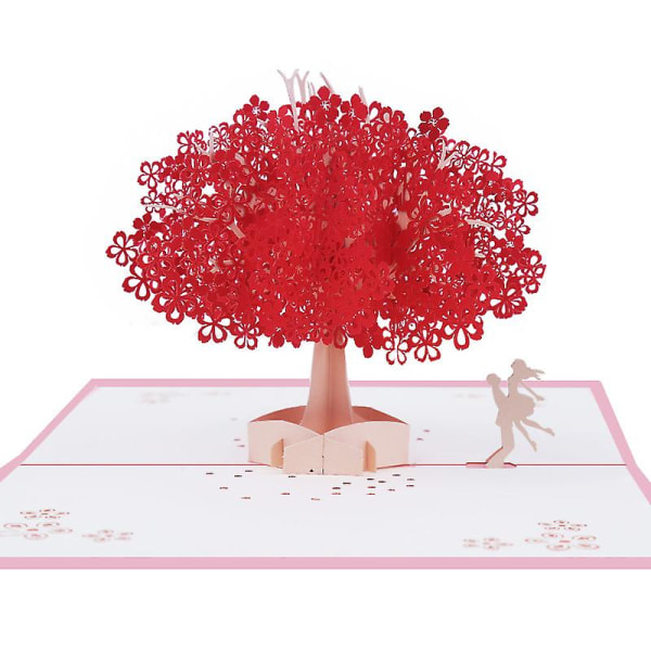 3D pop up-kort, kort för romantiska älskare med par under rött körsbärsträd, jubileumskort